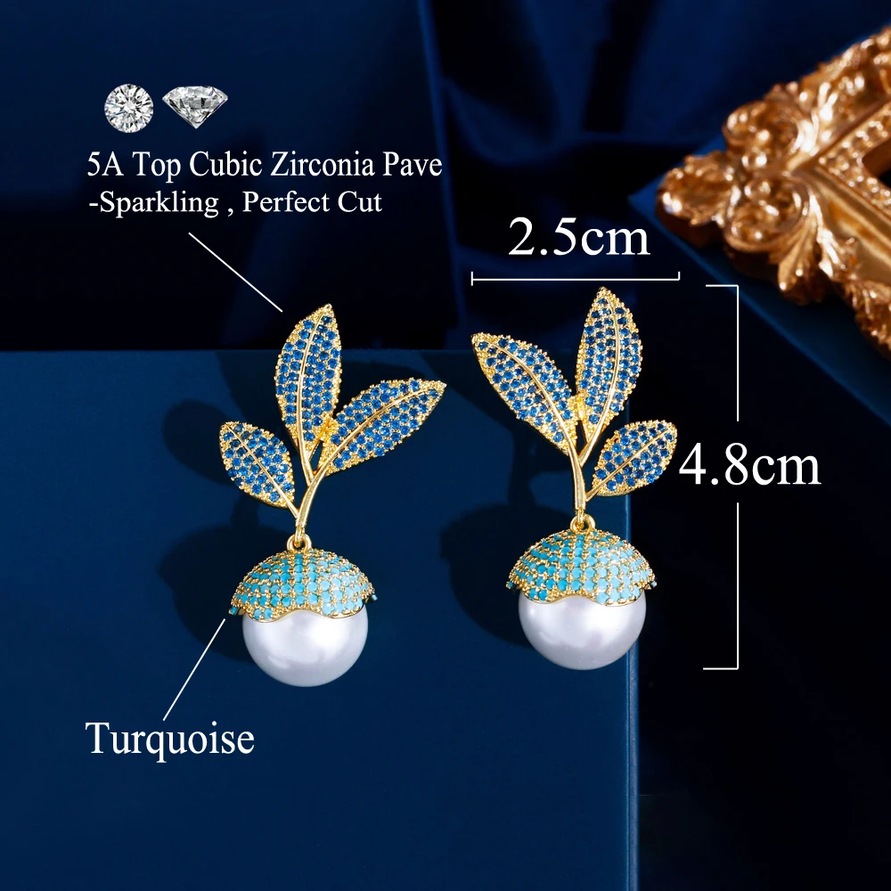 CWWZircons Blue Cubic Zirconia and Turquoise Micro Pave Luxury Long Dangly Drop Wedding Bridal Party Leaf Pearl Earrings CZ888