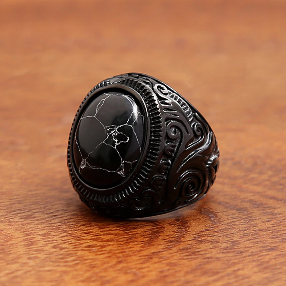 Gothic Vintage Stainless Steel Black Stone Ring For Men Women Fashion Creative Carved Rings Punk Biker Jewelry Gifts Wholesale