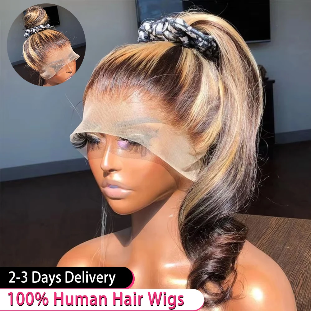 40 44 بوصة 13x6 Hd العظام مستقيم الدانتيل أمامي خصلات الشعر المستعار الإنسان البرازيلي الملونة تسليط الضوء على أومبير الخام 360 شعر مستعار دانتيل كامل شعر الإنسان #1