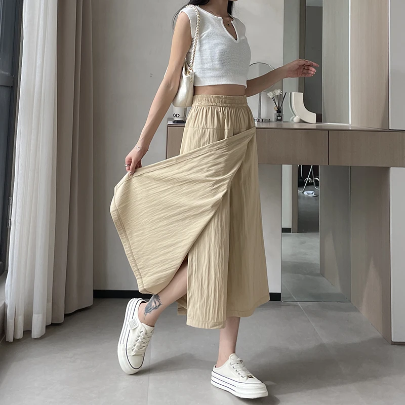 Korean Style Summer High Waist Skirt Pants Women Loose Wide Leg Culottes Slimming Casual Black Trousers