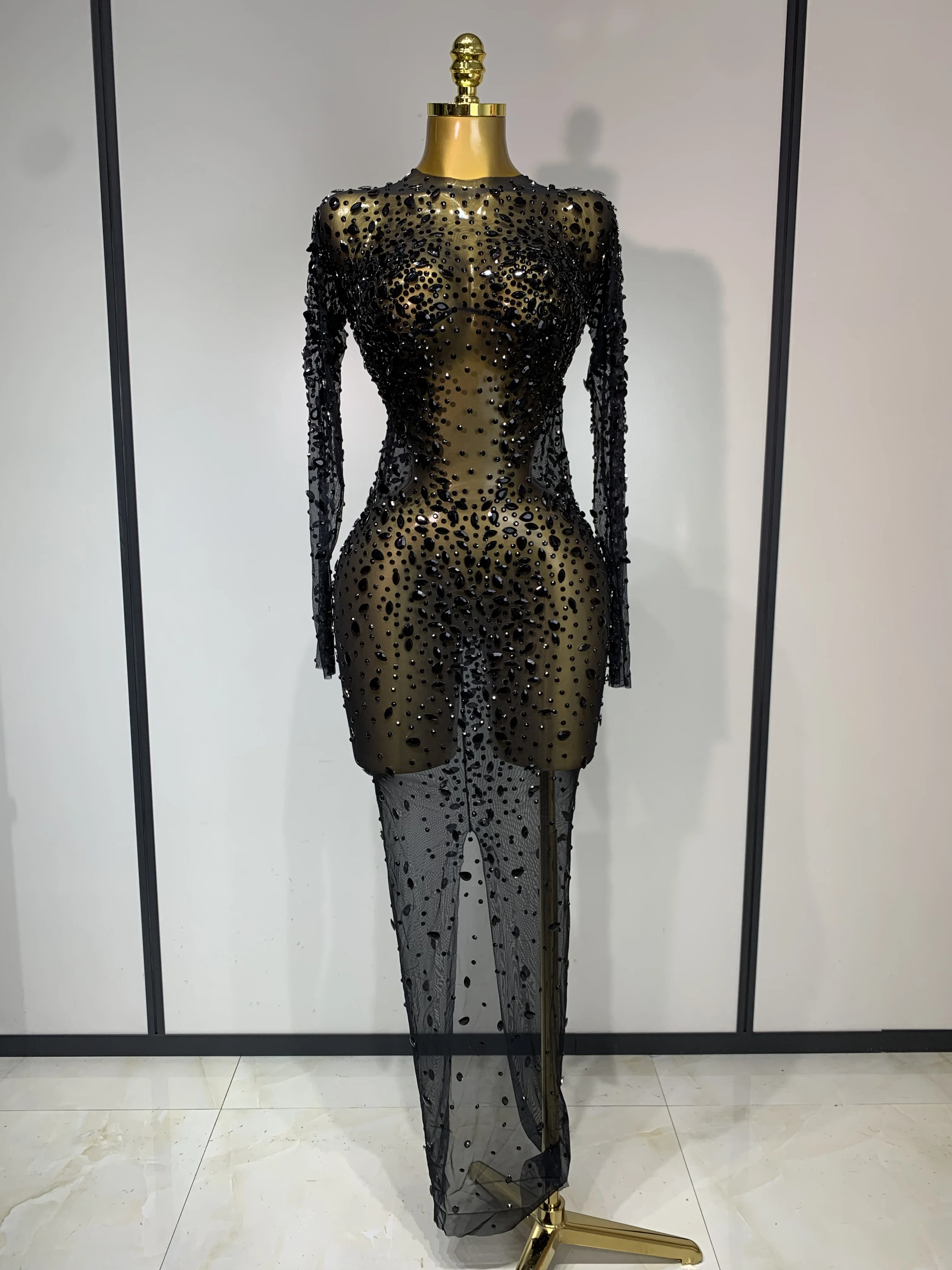 Luxury Rhinestones Mesh Bodycon Long Dress Celebrate Birthday Party Photo  Shoot Long Sleeve Performance Costume Stage Outfit - AliExpress 200000345