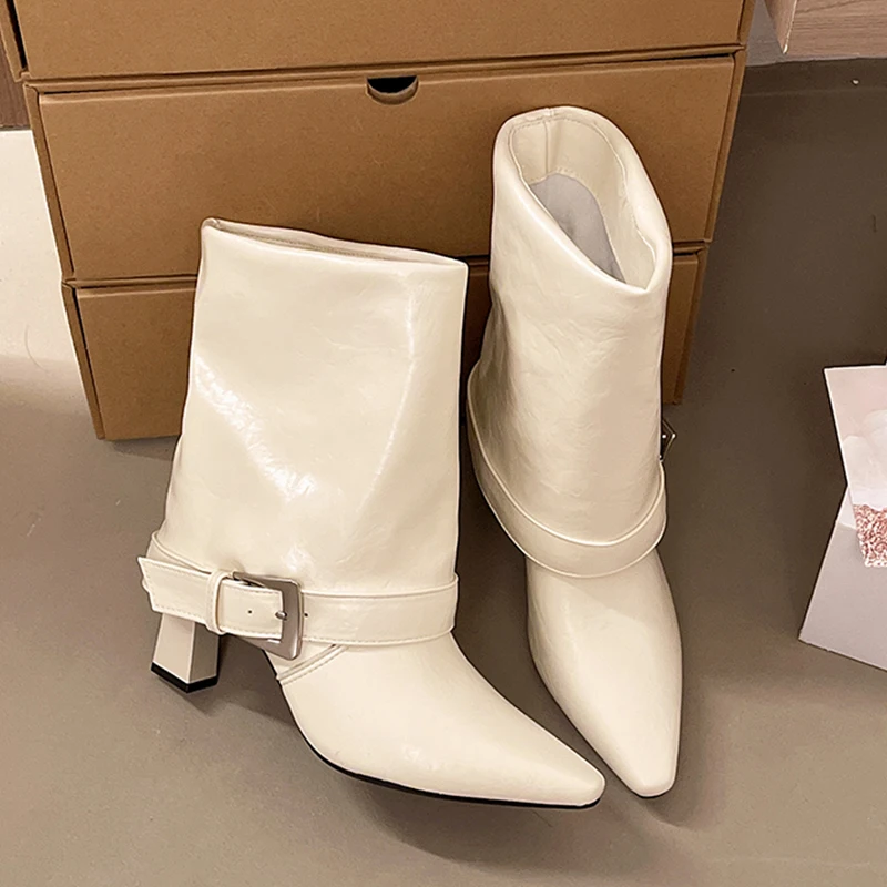 High Heels Women Ankle Boots Pointed Toe Shoes Winter Designer Short Boots 2026 Luxury Buckle Leather Shoes Chunky Mujer Botas
