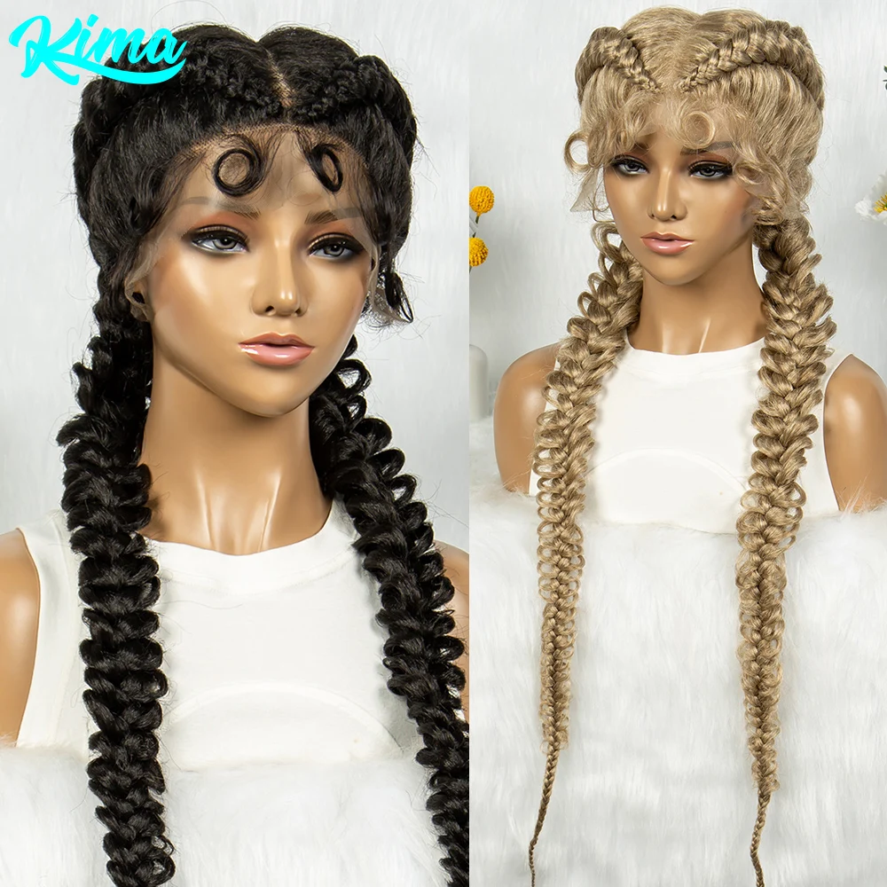 Kima Colored Synthetic Boxer Braided Wigs Lace Front Wig Loose Dutch Braids With Fishtails For African Women