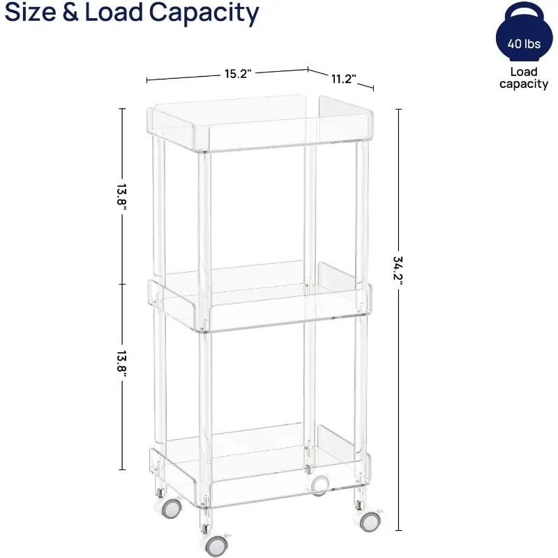 Clear Acrylic Small Bar Trolley Wine Storage Cart with Opening Shelves 3-tier Mini Rolling Serving Cart with 4 Lockable Wheels