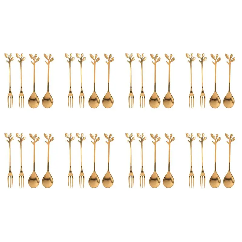 BHBD-Tableware Gold Leaf Coffee Spoon Fork,32 Pack(16 Spoons 16 Forks) Little Demitasse Espresso Spoon,4.7 Inches