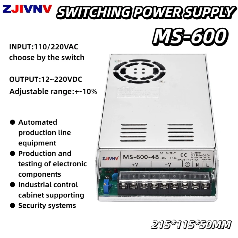 

Импульсный источник питания 600 Вт, регулируемое напряжение ±10%, 12В 24В 36В 48В 60В 72В 80В 90В для промышленного автоматизированного оборудования MS-600