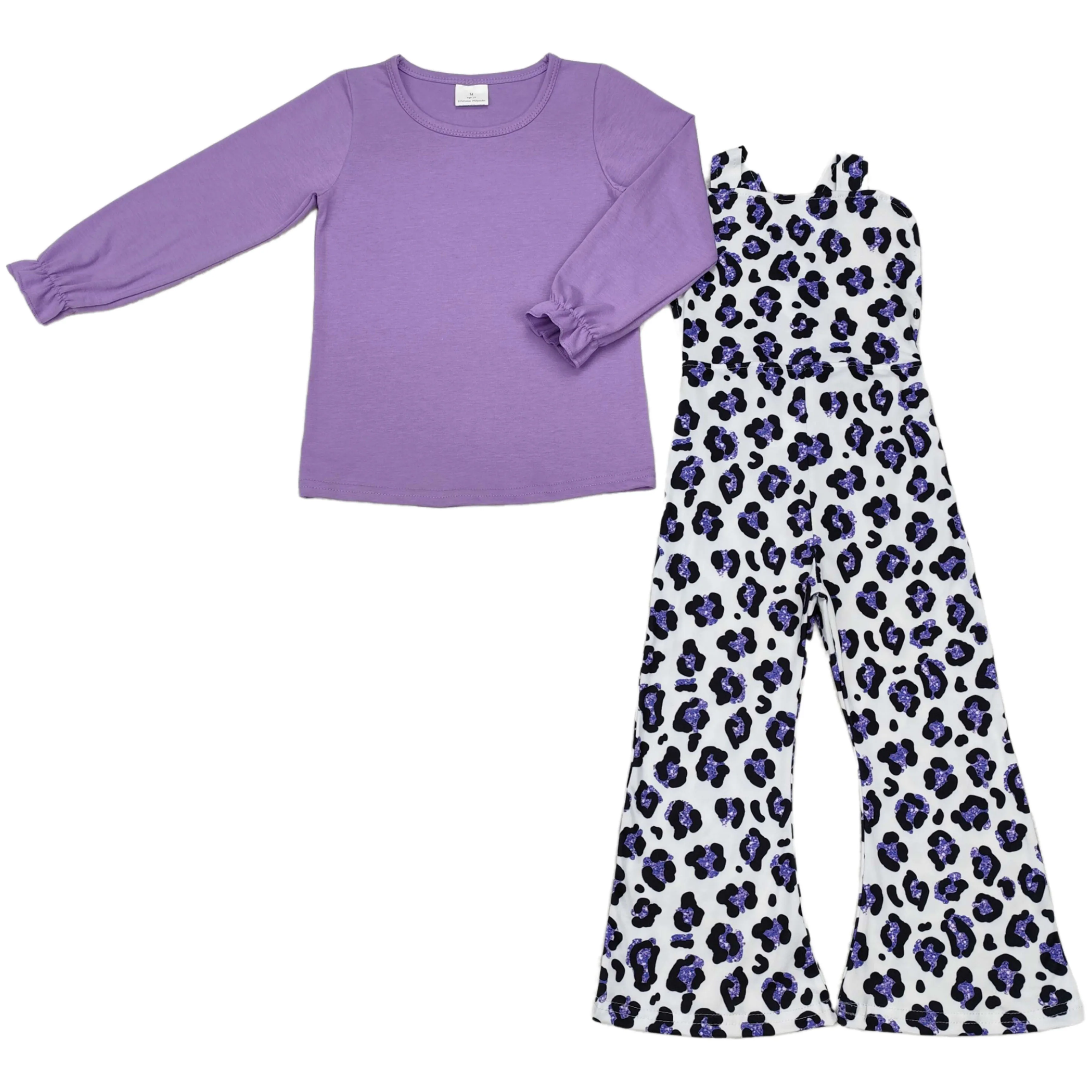 

Wholesale Baby Girl Purple Ruffle Cotton Solid Shirt Leopard Overalls Pants Set Kids Children Fall Winter Outfit Clothing