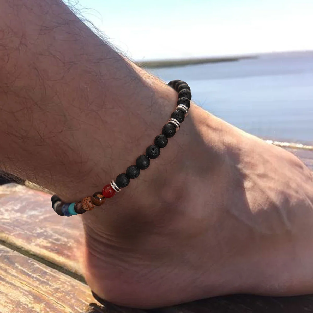 

New Gothic Black Beaded Elastic Chain Anklet For Men Women Summer Beach Vintage Barefoot Ankle Link Jewelry Accessories New