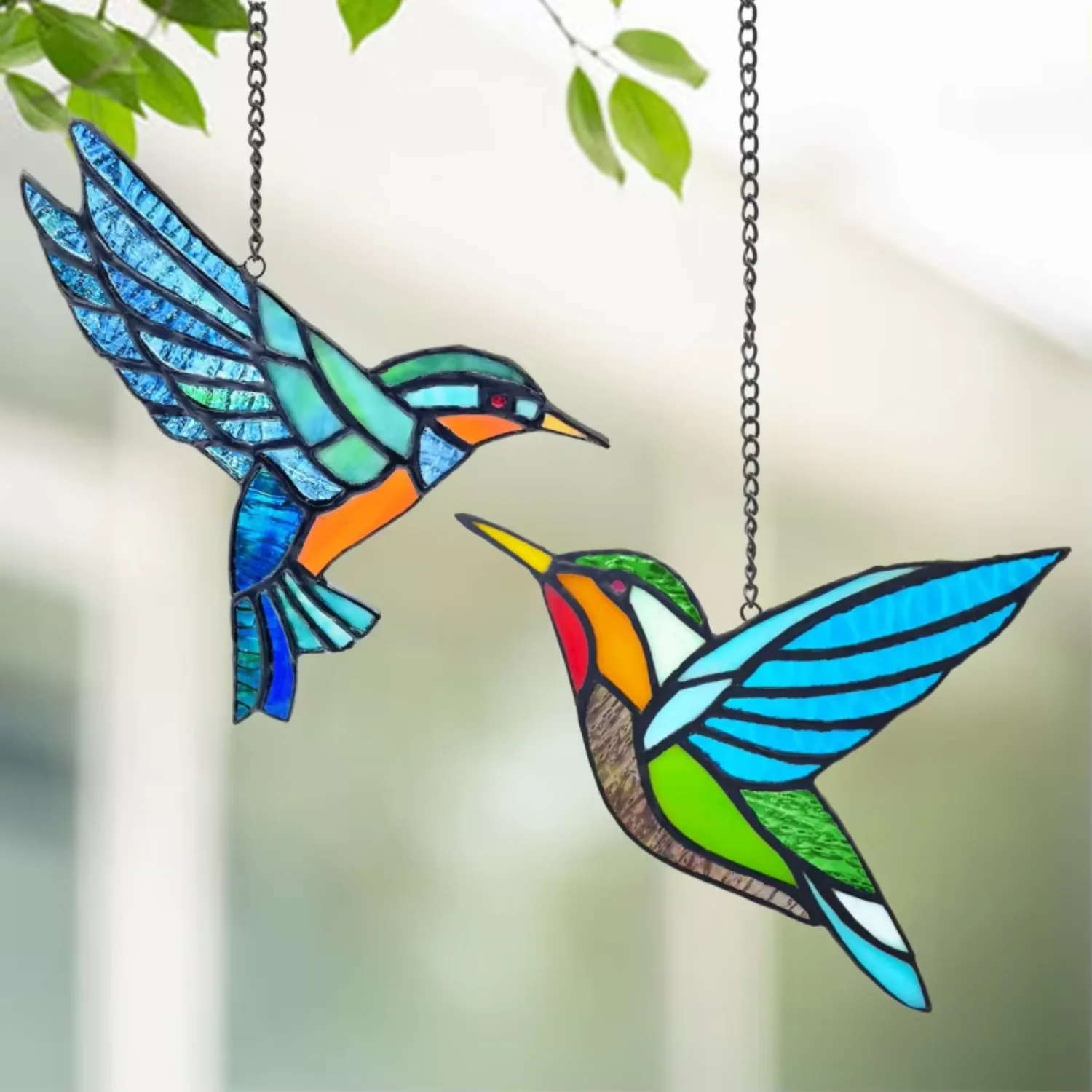 Blue Humming Bird Suncatcher Stained Window Ornament Christmas  hanging birds decorative objects Phone grip Sun catcher crystal