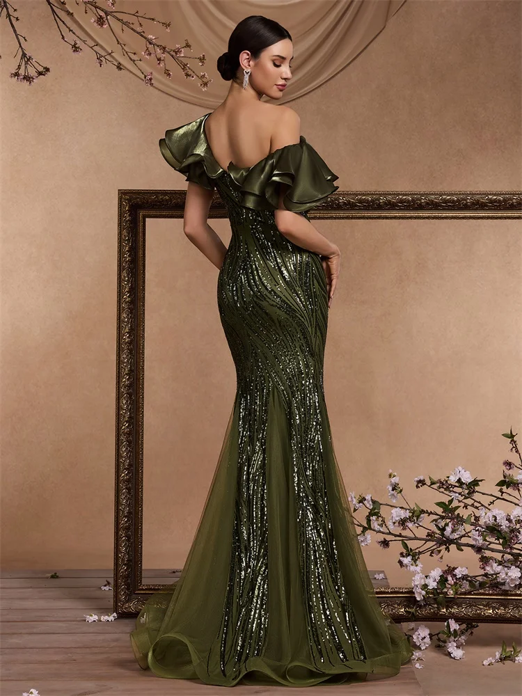 Lucyinlove Elegant Ruffle Sleeve Green Sequins Evening Dresses For Women Mermaid Formal Party Maxi Prom Dresses Cocktail Gown