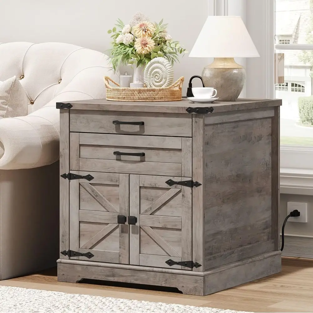 24 Charging Station End Table, 2-Drawer Barn Door Nightstand, Rustic Square Bedroom/Living Room Greige