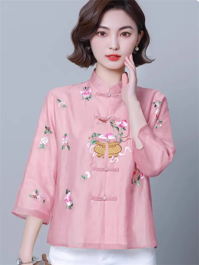 Women's Silk Embroidered Blouse - Chinese Cheongsam Modern Hanfu-Inspired Korean-Style Elegant Loose Top, Luxury Casual Wear 401