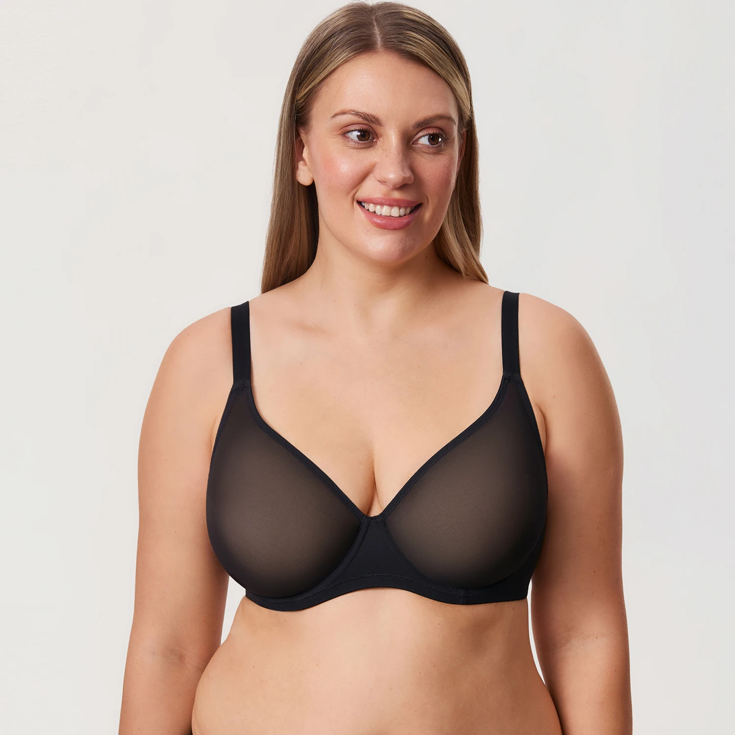 DELIMIRA Women's Cosnufy Sheer Mesh Bra Full Coverage Plus Size Plunge Unlined Underwire Bras