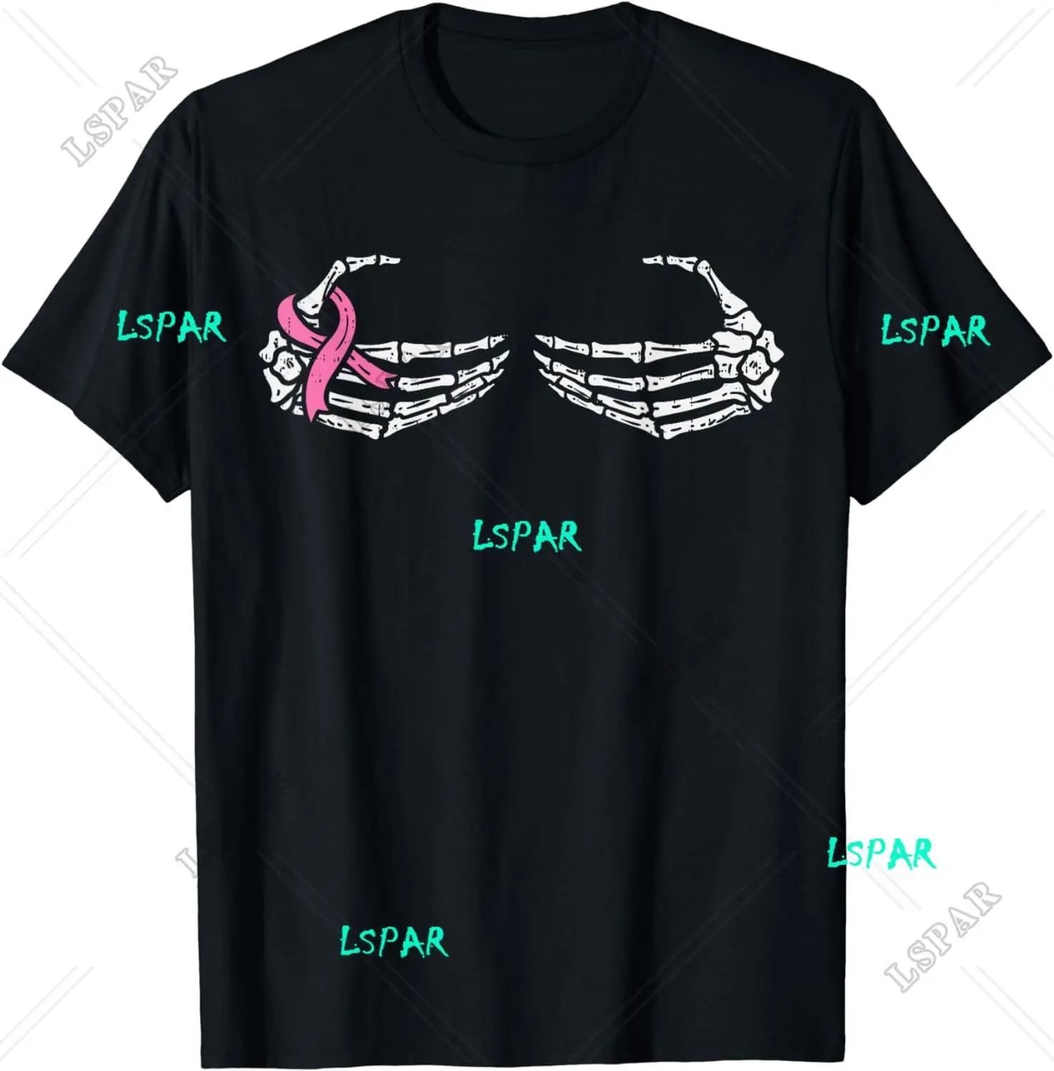 Skeleton Bra Hands Pink Ribbon Halloween Breast Cancer Women T-Shirt