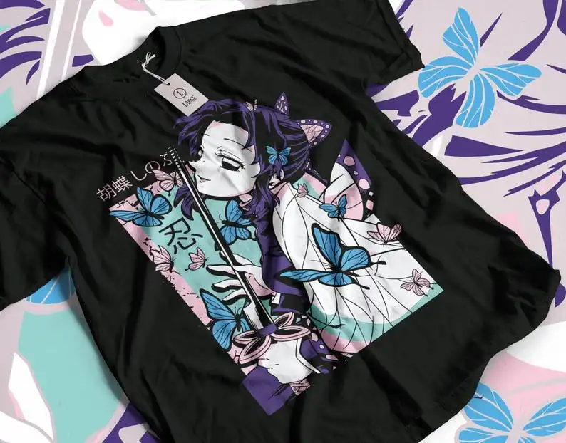 Kochou Shinobu Butterfly Demon Slayer Anime Merch Printed Shirt Japanese Manga Style Unisex 100%Cotton T-Shirt