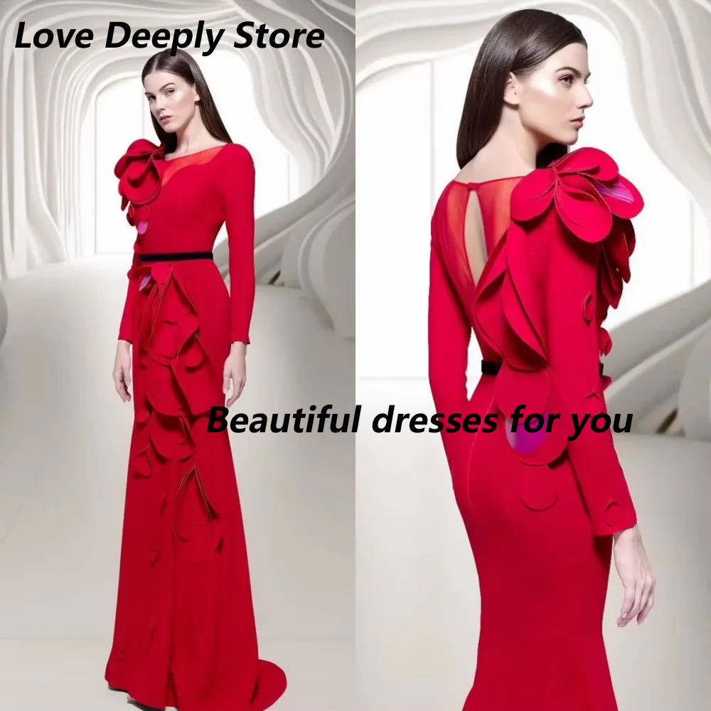 

Customized O-Neck Long Sleeves Evening Dresses Jersey Flower Ruched Mermaid Bespoke Occasion Gown A-line Floor Length Long Dress