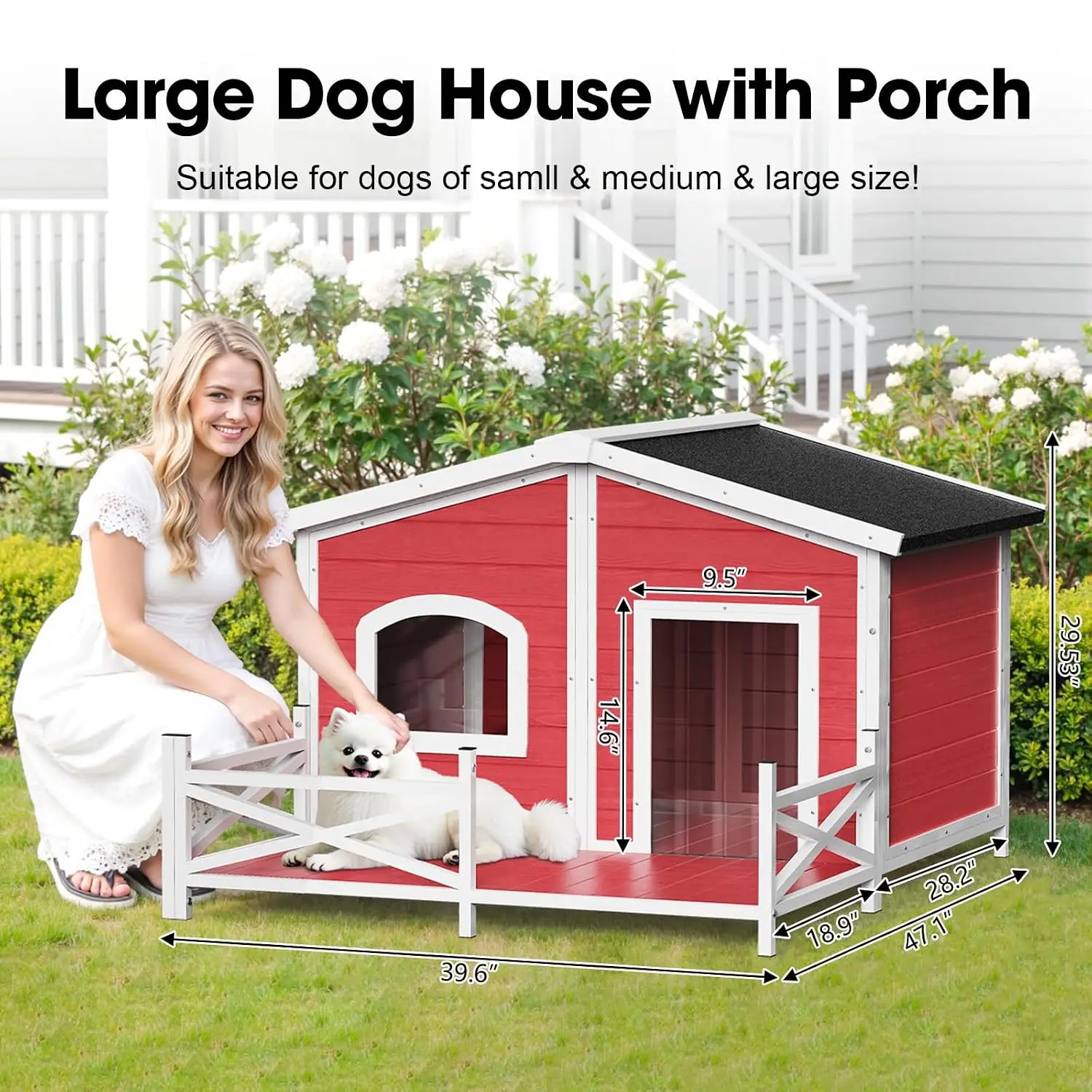 Large Dog House with Porch, Outdoor Weatherproof Iron Frame Pet Shelter for Small Medium Large Breed Dogs, Customized