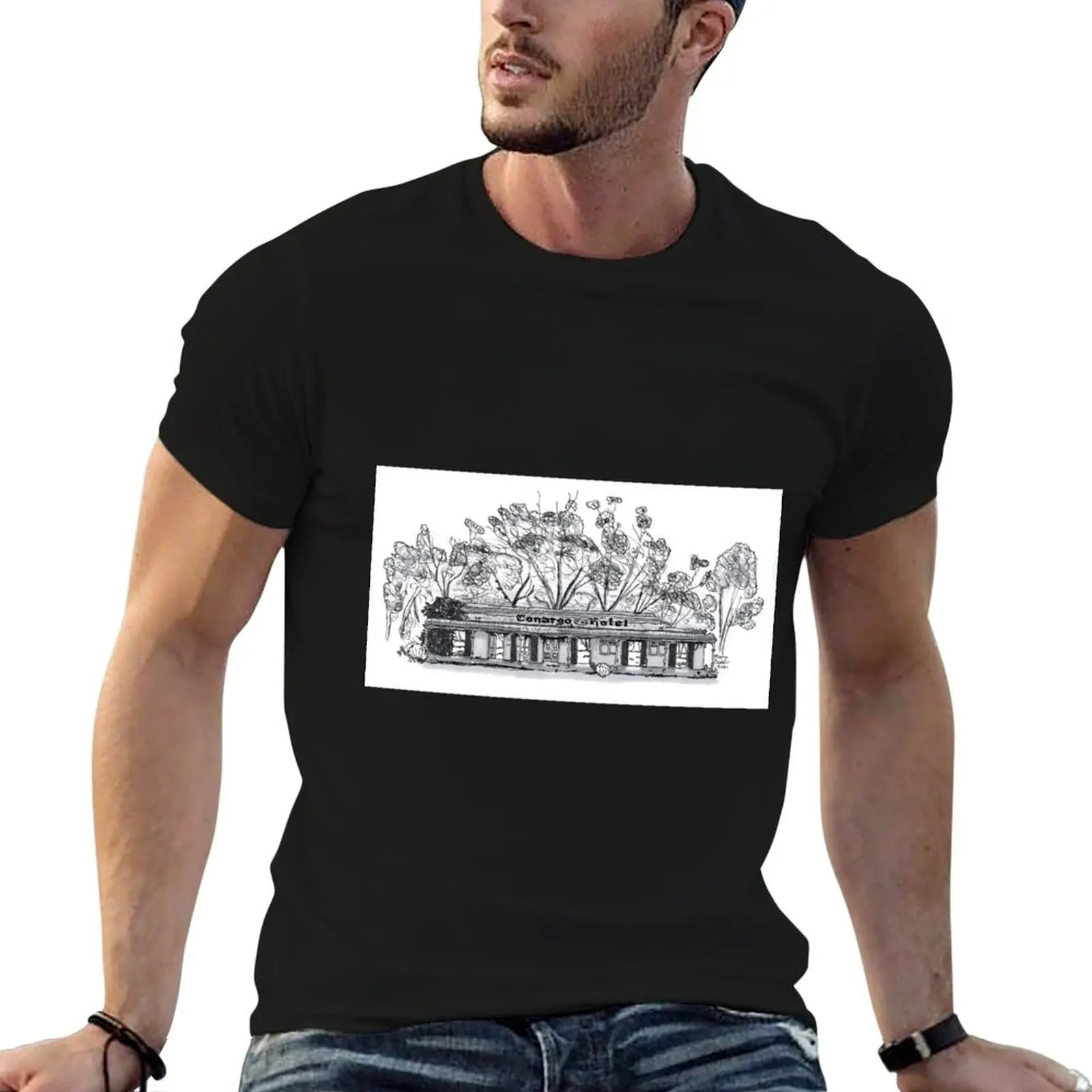 

Australian Art: Pen & Ink Drawing of an Abandoned Pub Hotel T-Shirt man t shirts cotton man t shirts for men T-Shirt