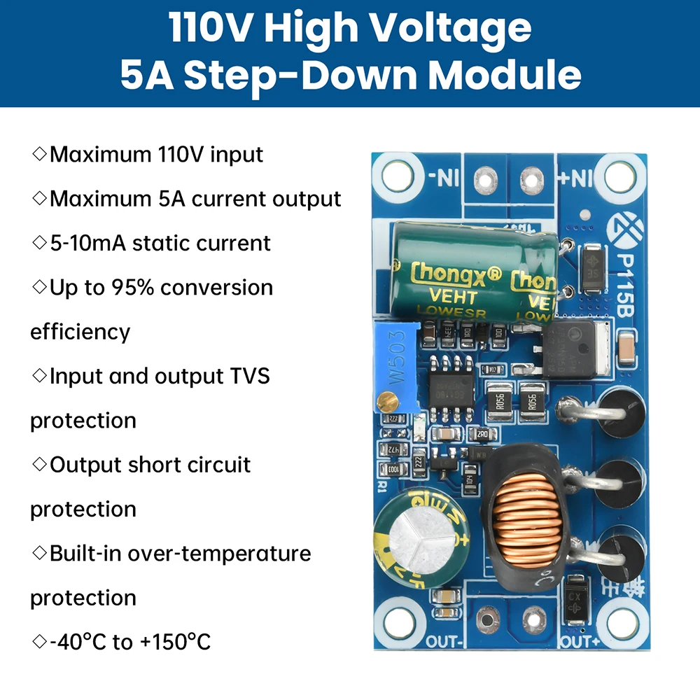 DC-DC 10V-110V to 4.5-47V 5A Step Down Module Power Supply Buck Converter with Short Circuit Protection