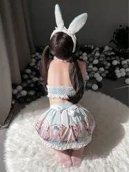 Sweet Cute Girl Sexy Split Lolita Printed Maid Rabbit Jk Uniform Bandage Off Shoulder Top Two Piece Skirt Set 2024 New OGA2