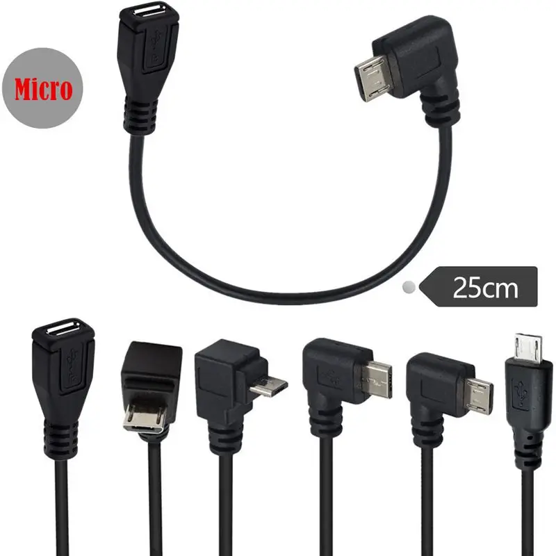 25cm Micro USB 5-Pin Male to Female Left/Right/Up/Down 90 Degree Bend Mobile Phone Computer Data Charging Adapter Cable