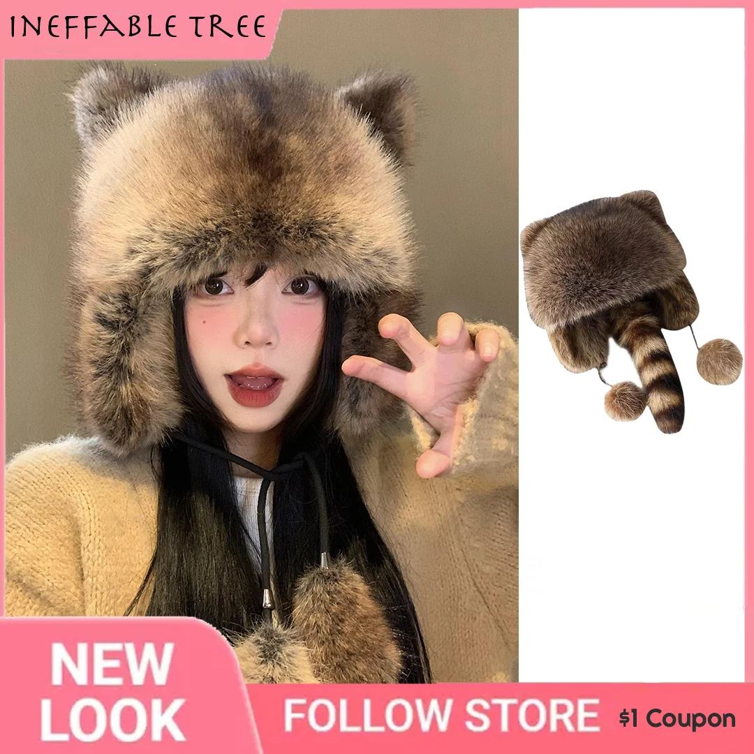 

Cute Plush Caps for Adult Children Teens Outdoor Commute Windproof Raccoon Tail Hat Russian Winter Keep Warm Bomber Hats