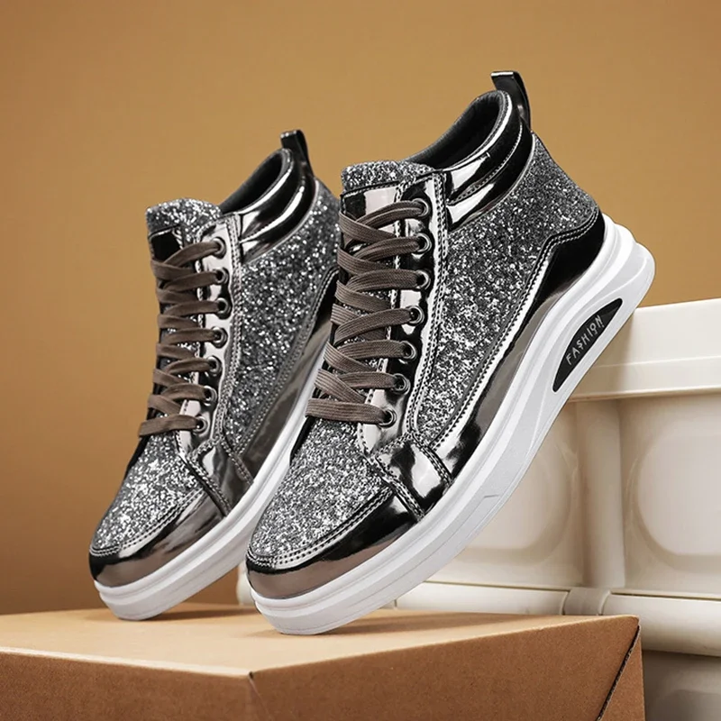 2025 new men casual sneaker large size 39-46 fashion high top black silver sequin splicing luxury shoes hair stylist skate shoes