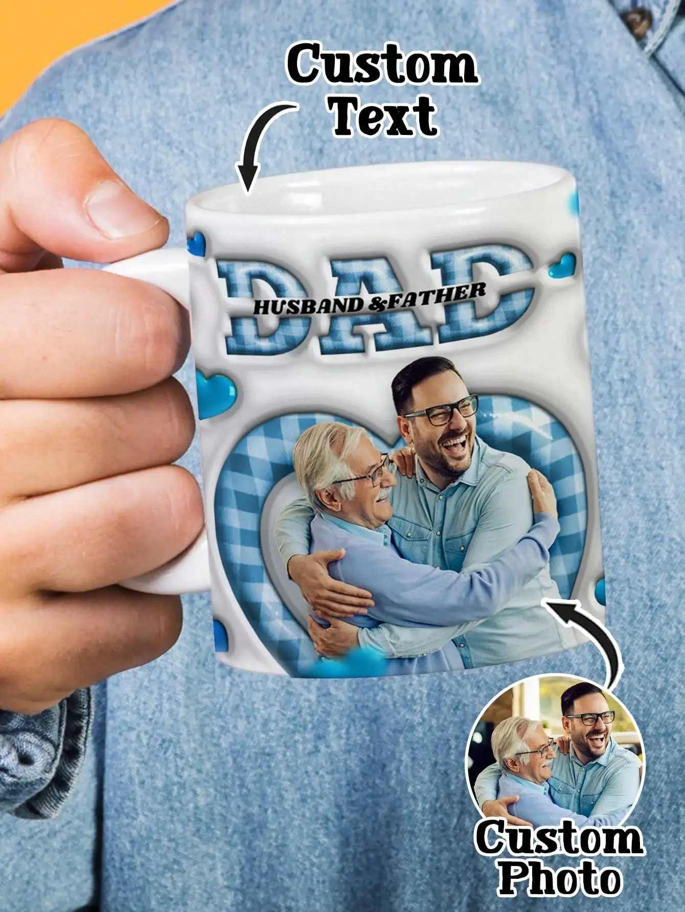Personalized 3D Text Effect Dad Mug with Photo Custom Photo Name Coffee Cup for Fathers Day Gift for Daddy Grandpa Husband