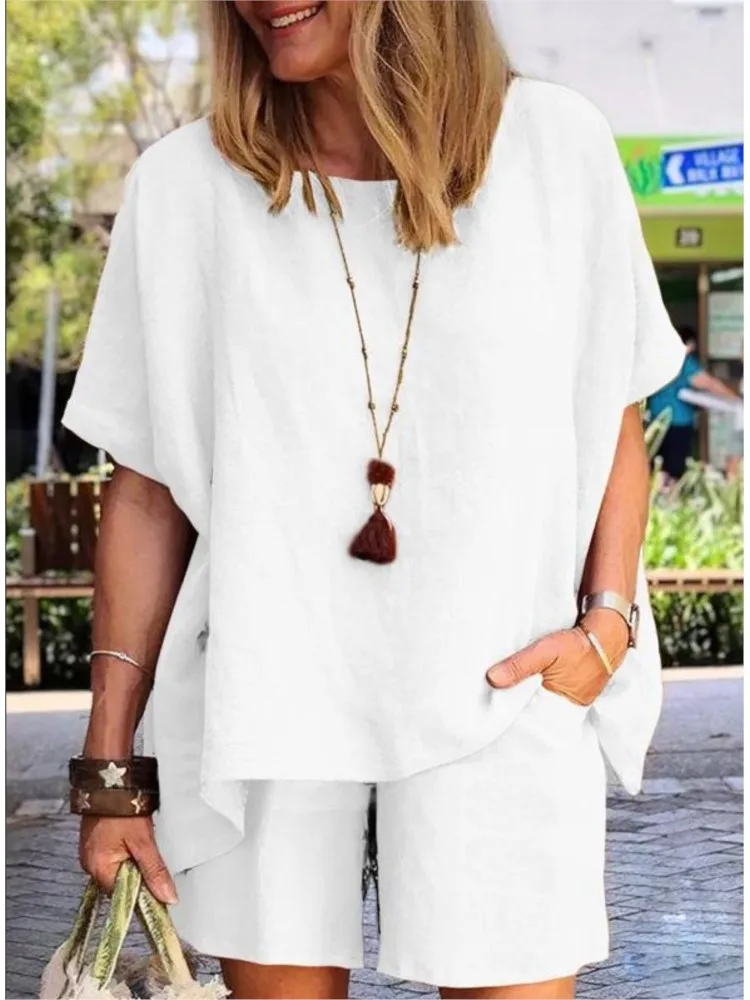 Casual Holiday Cotton And Linen 2 Piece Set Loose Women Suit Fashion Short Sleeve Solid Color Blouse + Shorts Summer Beach Sets