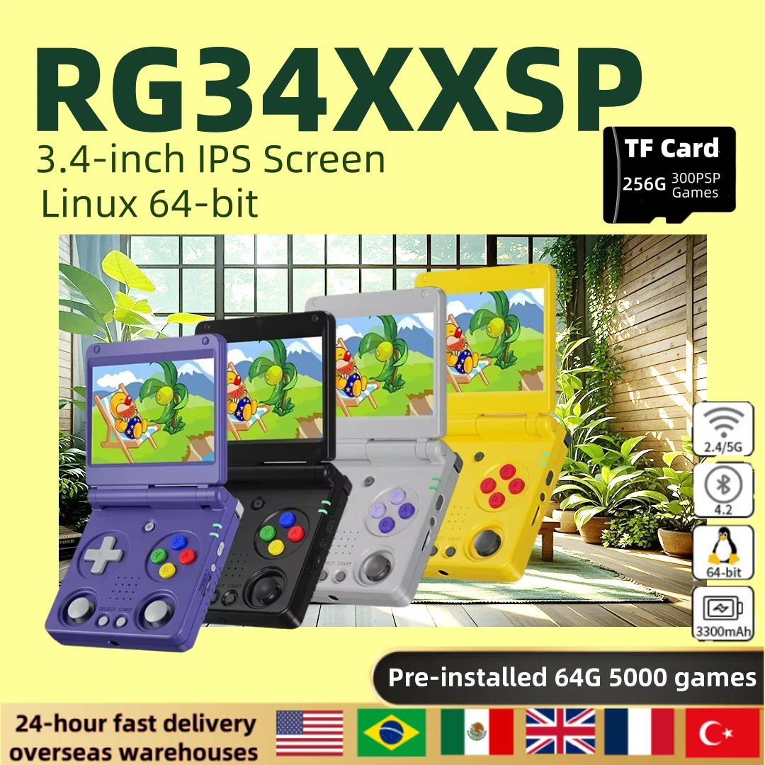 

ANBERNIC RG34XXSP Flip Handheld Game Console 3.4-inch IPS Screen Linux 64-bit 300PSP Game 5G WIFI HD-MI TV Output Streaming Gift