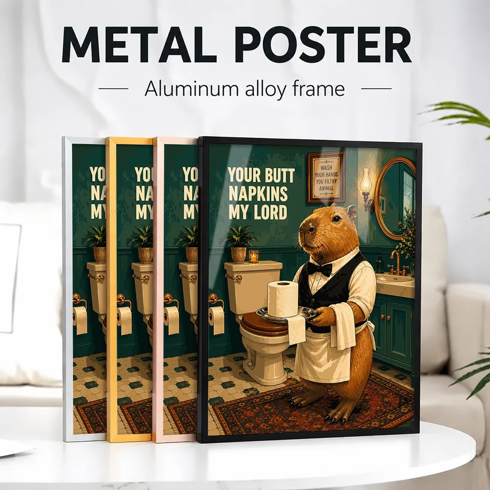 Capybara Butler Toilet Paper Framed Aluminum Metal Poster Customized Photo Playful Minimalist Style Wall Art For Guest Washroom