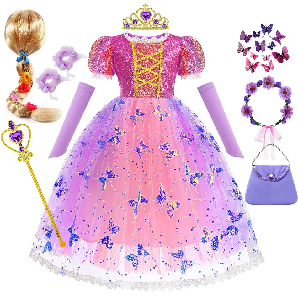 

Summer Girls Party Dresses Rapunzel Butterfly Cosplay Costume for Halloween and Princess Theme Party