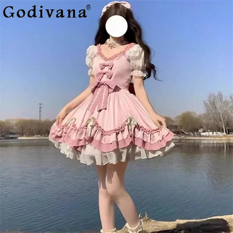 

Pink and White Lolita OP Dress for Women Daily Wear Lolita Princess Style Dress Female Spring Autumn Japanese Sweet Dress