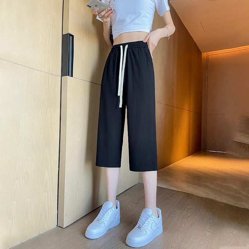 Women Capris Traf Straight Loose Wide Leg Short Pants High Waisted Casual Sweatpants Solid Trousers Y2K Summer Korean Fashion