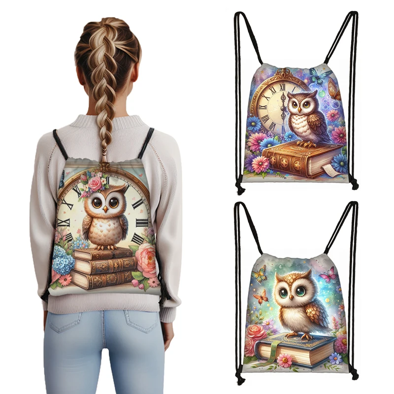 Watercolor Owl on Books Backpacks Magical Owl Clock Children Drawstring Bags Book Bag School Backpack Storage Bag for Travel