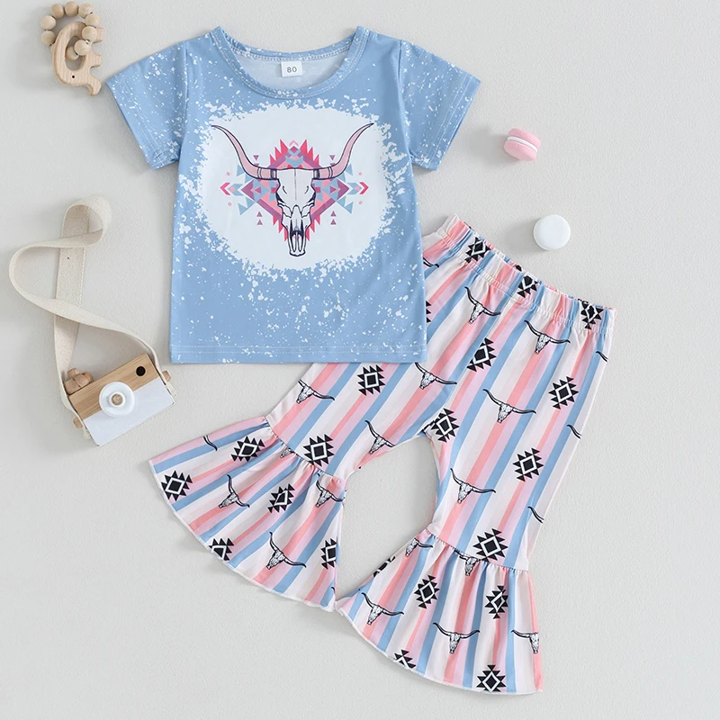 Western Toddler Baby Girl Summer Clothes Short Sleeve Cow Head Print T-Shirt Top Striped Flare Pants Set Boho Bell Bottom