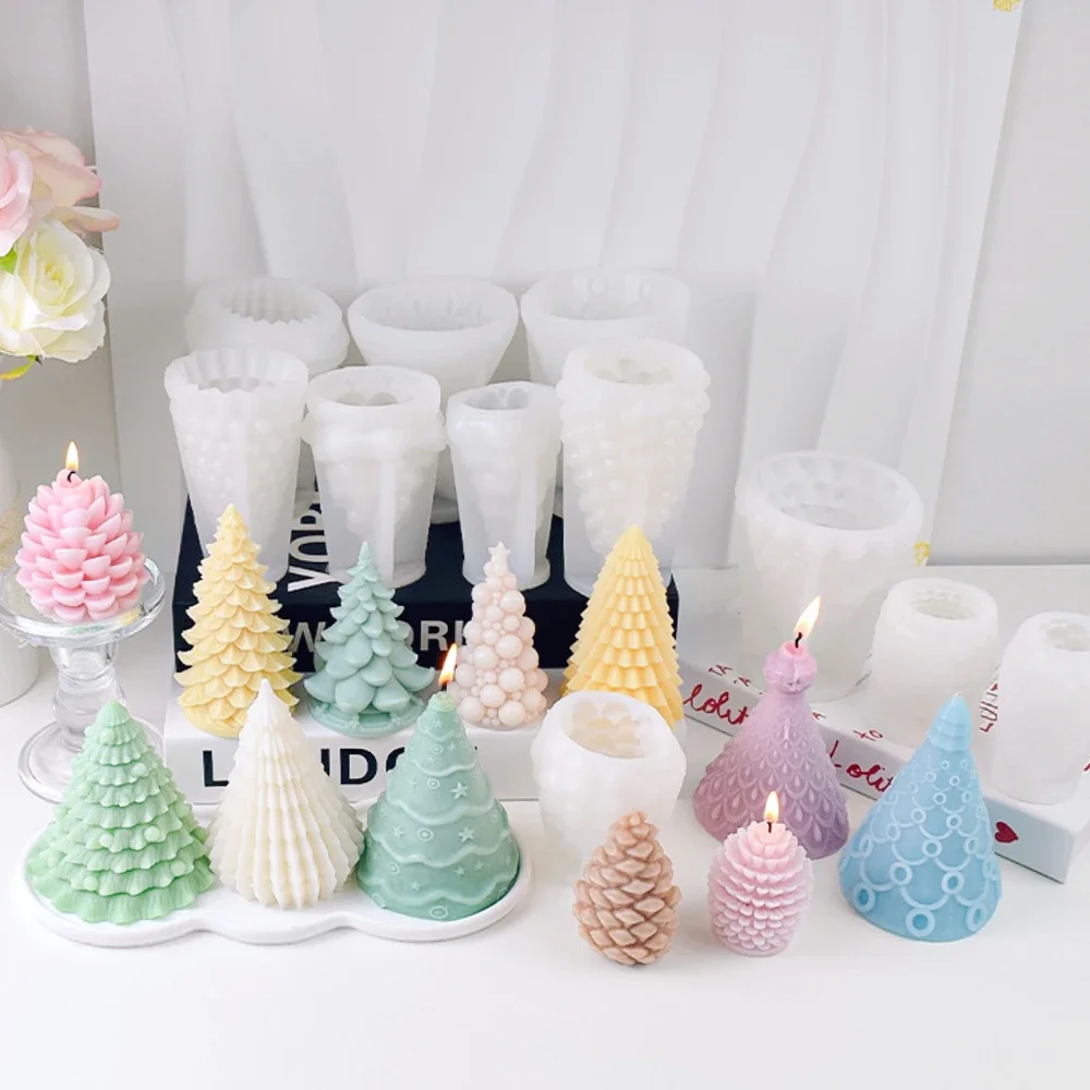 Christmas Tree Candle Mold Bubble Geometry Cone Plaster Soap Silicone Mould Leafy Plant Home Party Decor Pinecone Chocolate Gift