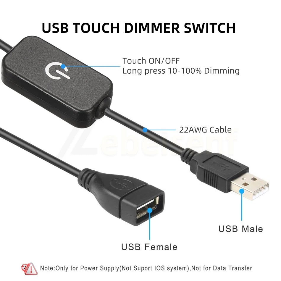 Cable USB macho a hembra con interruptor de encendido/apagado, perilla de botón blanco y negro, controlador de atenuación en línea táctil para