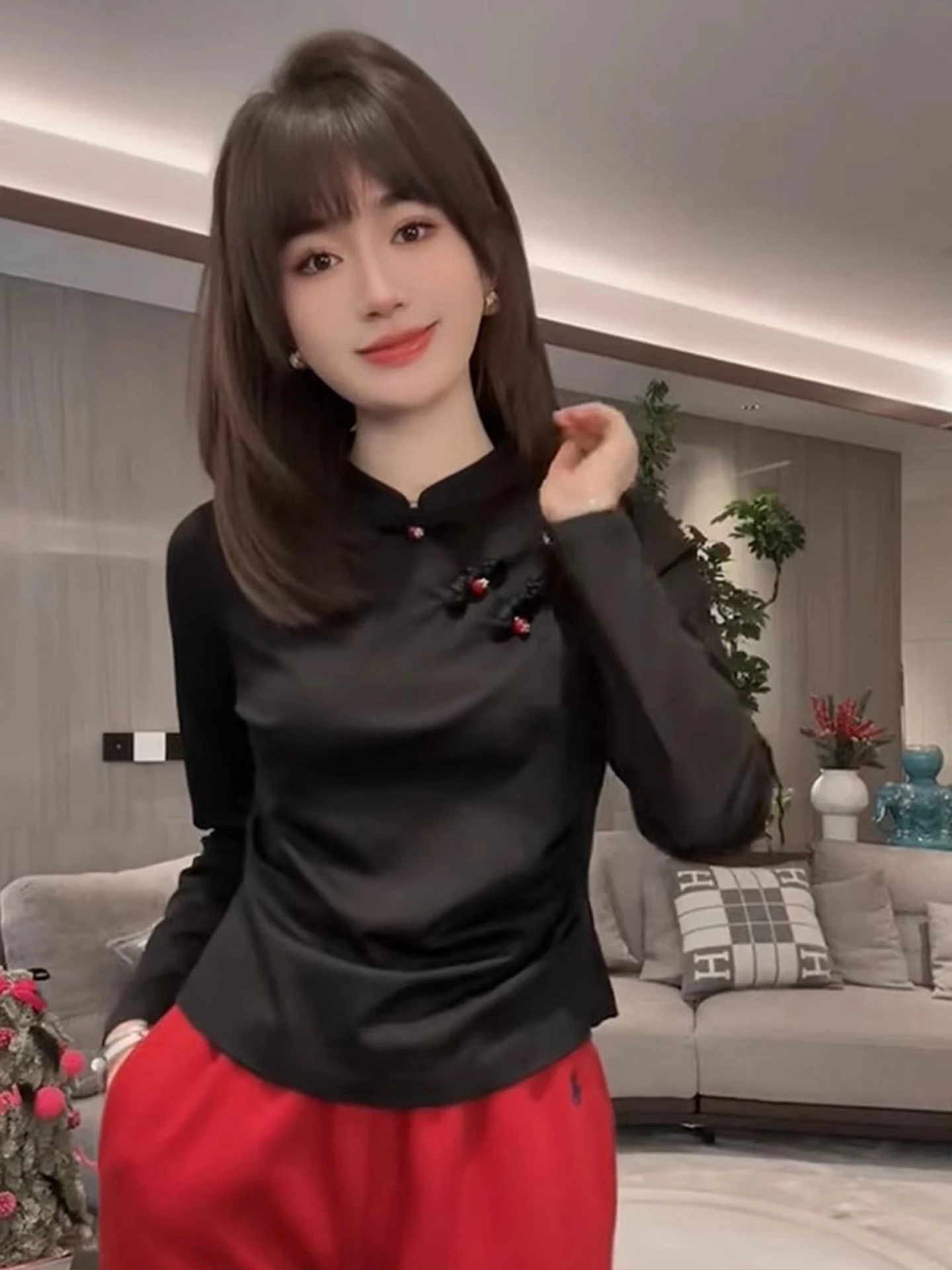 Ele Chinese Sle Damen Long Sve irt Button up Ne Design Straight Cut Pendeln Sle Strickoberteil für den Herbst