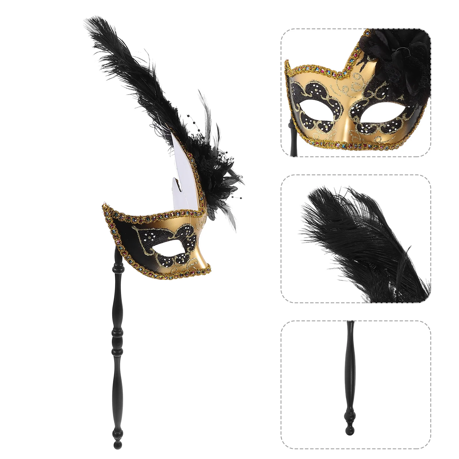 

Carnival Masquerade Mask on Stick Feathered Halloween Costume Accessory Dancing Party Elegance Mysterious Decor