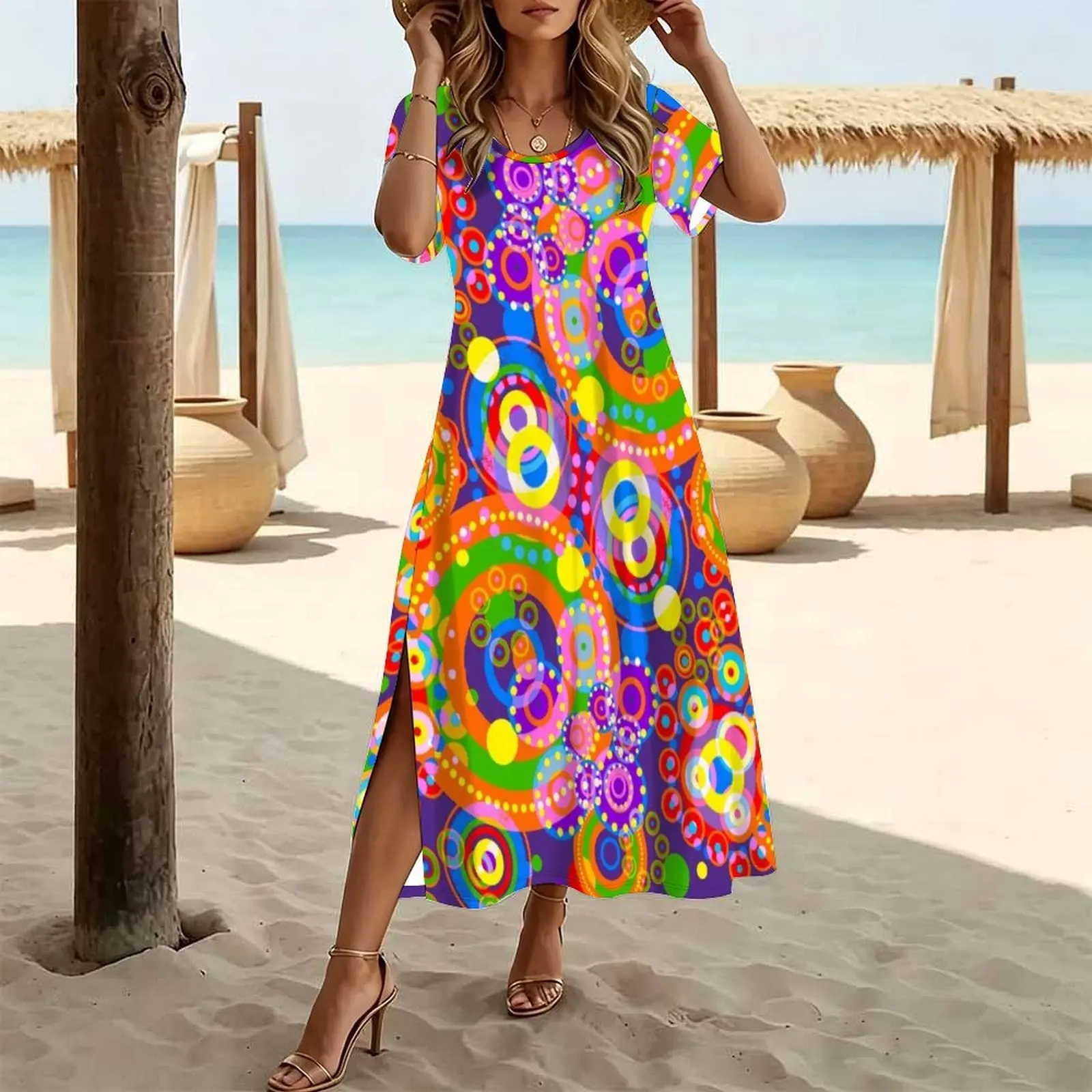 Psychedelic colorful trippy Circle Patterns Women's Round Neck Short Sleeve Split Long Dress