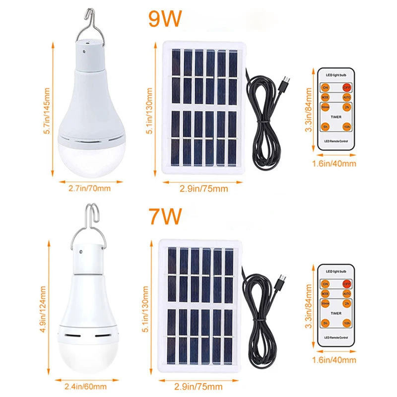 Imagem -06 - Solar Powered Bulb Lamp Luz Impermeável para Exterior Controle Remoto Carregamento Usb Jardim Camping Iluminação de Barraca w 7w