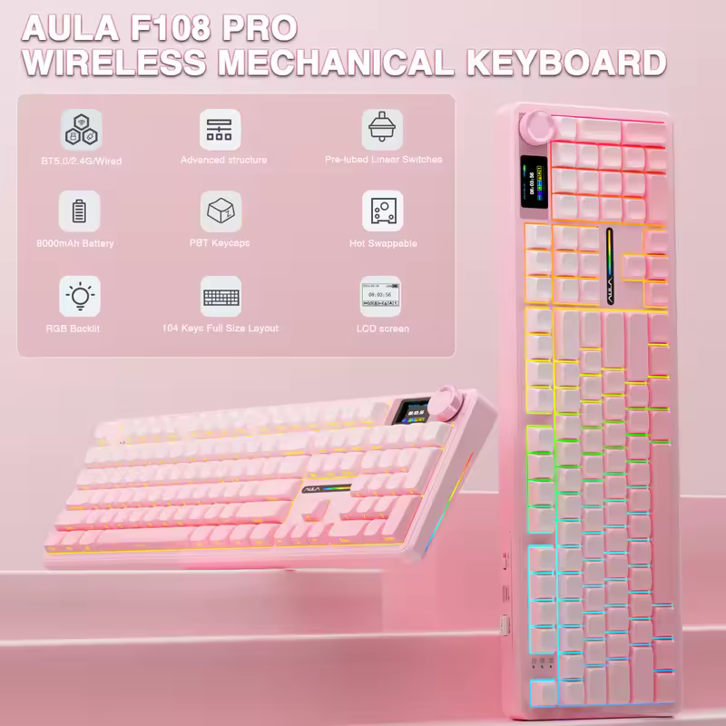 AULA F108 pro Wireless Bluetooth Keyboard Macro Gaming keyboard Gasket Hot-swap Full Size Keyboard with TFT Smart Display - Image 8