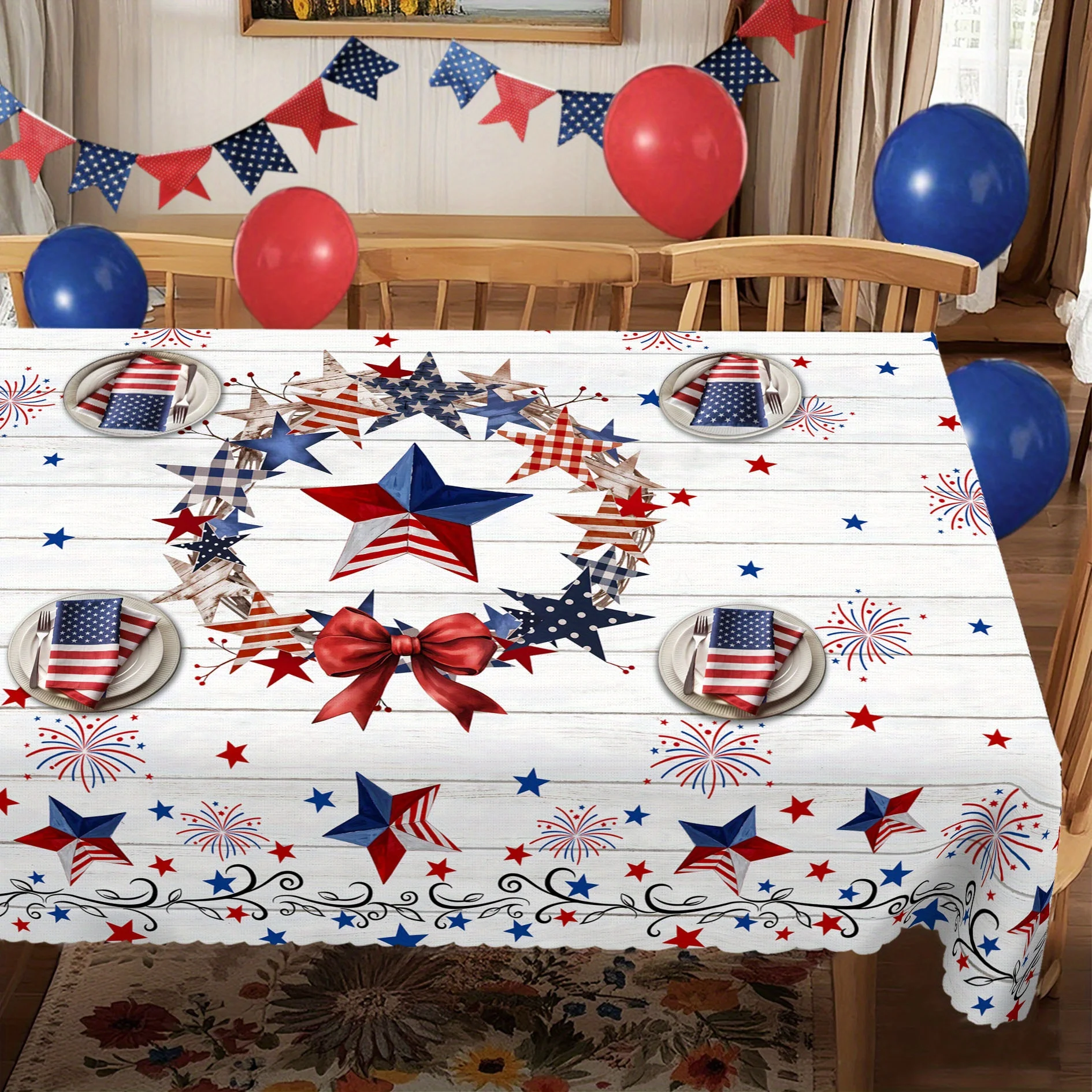 Independence Day Tablecloth, Fourth of July Patriotic Red, White, and Blue Stars and Stripes with Fireworks Design, Holiday
