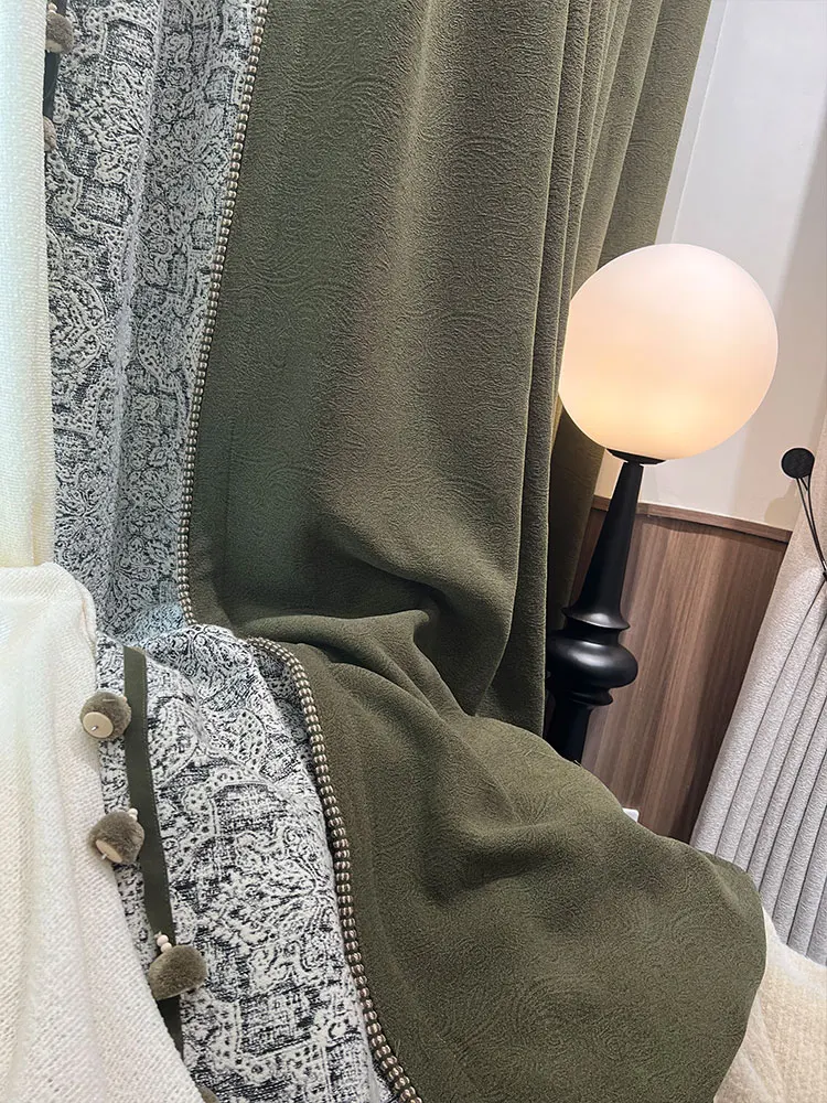 Retro Cotton and Linen Screen Dark Green Jacquard Thickened Splicing Blackout Curtains for Living Room Bedroom French Window