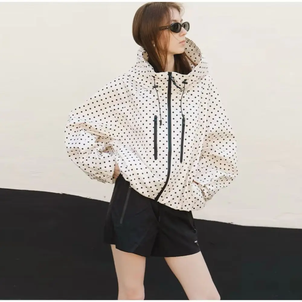 Polka Dot Hooded Windbreaker Jacket Wind Resistant Full Zip Closure Lightweight Raincoat Loose Fit Water Resistant