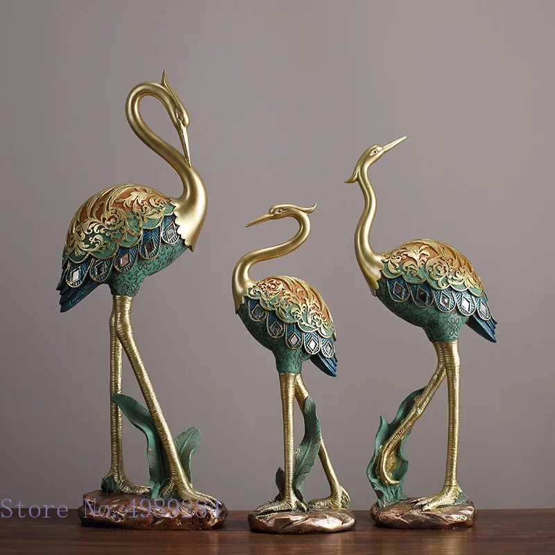 Creative Resin Animal Sculpture Painted Crane Bird Simulation Animal Statue Crafts Ornaments Golden Relief Handmade Home Decorat