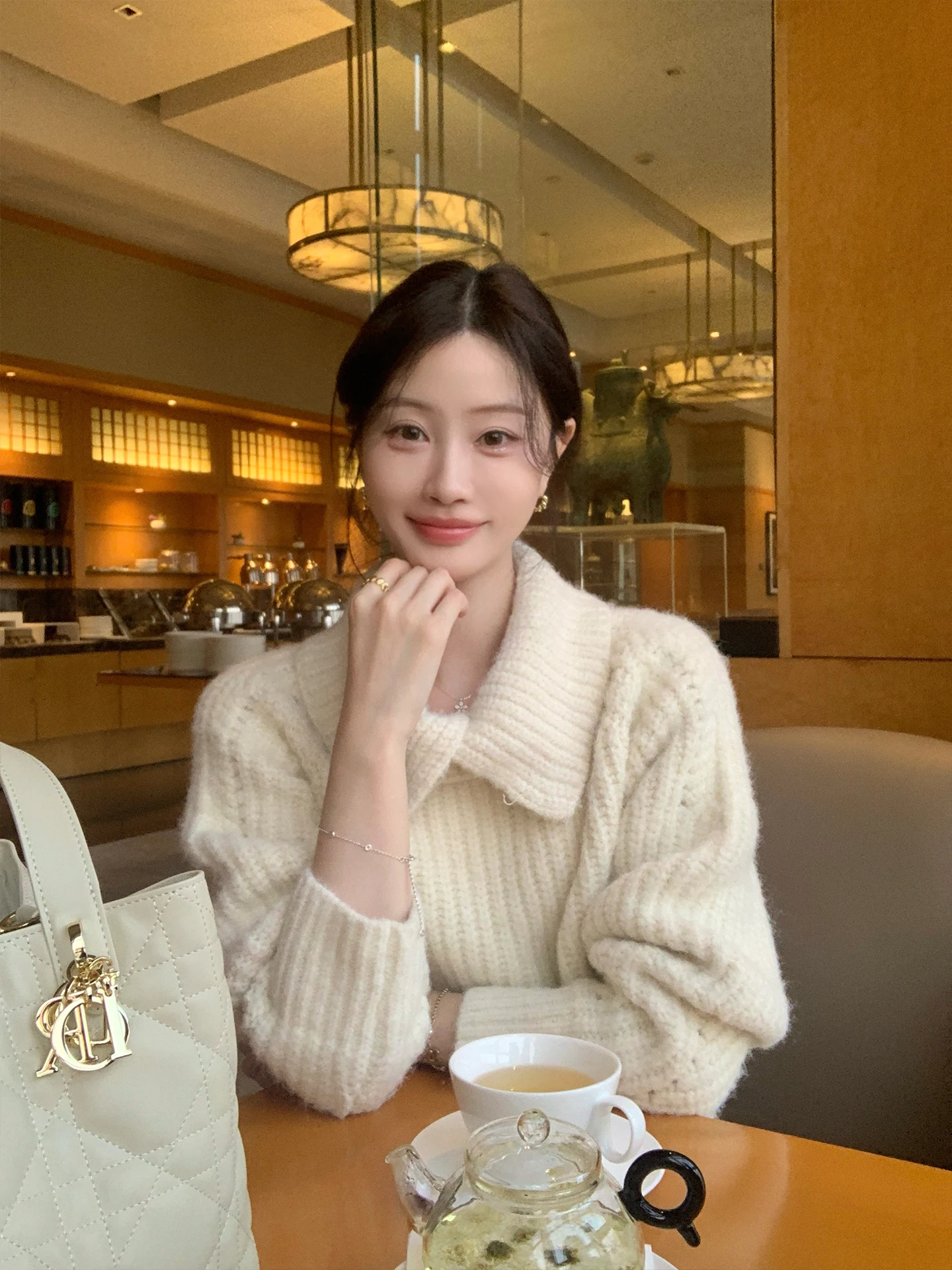 

Женский вязаный свитер JeJuna Fried Chien Cozy Woolen свободного кроя с длинными рукавами и бантом, осенне-зимний