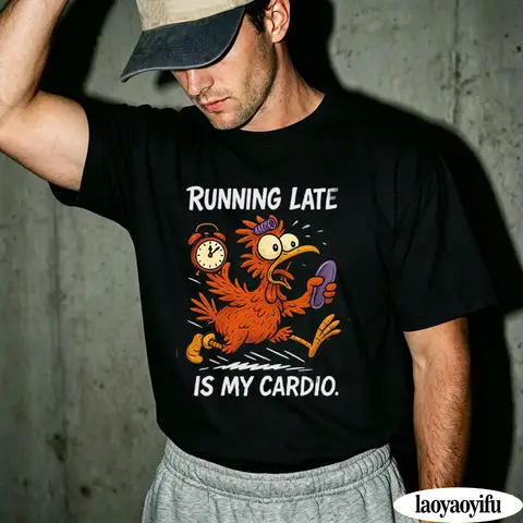 Running Late Is My Cardio Funny Chicken T-Shirt Cartoon Clock Graphic Tee Men Humor Workout Lover Gift Summer Streetwear Tops