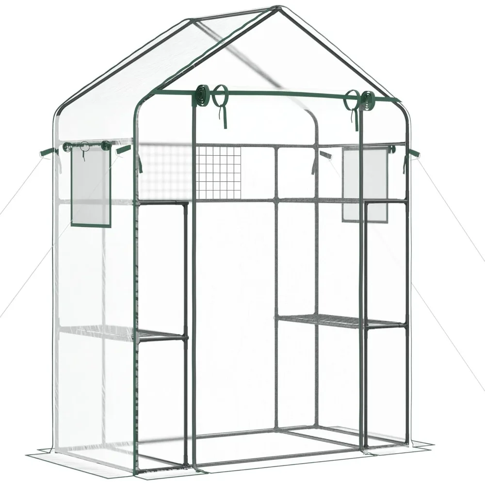 

Outdoor Walk-in Mini Greenhouse with Mesh Door & Windows, Small Portable Garden Green House with 3 Tiers 6 Shelves